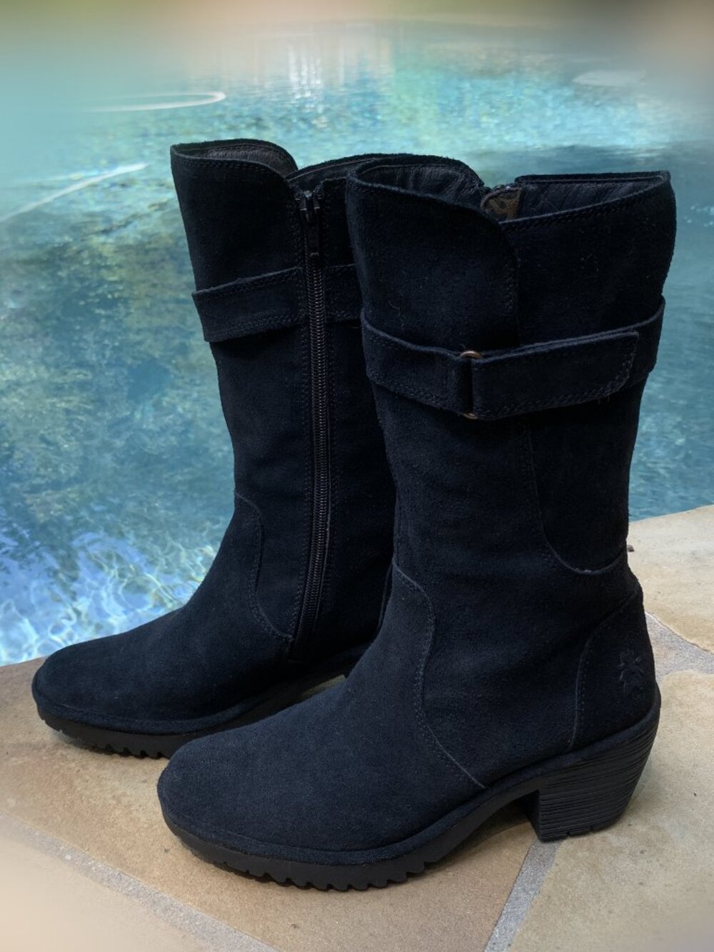 Fly London Black Suede Heeled Mid-Calf Boots Sz38